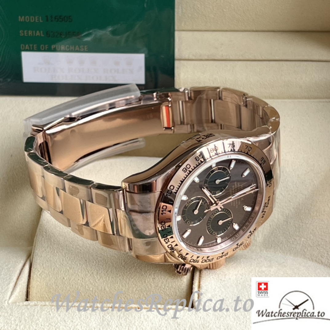 Swiss Rolex Daytona Replica Rose Gold strap 40MM Brown Dial Sticks Marks - WatchesReplica.is