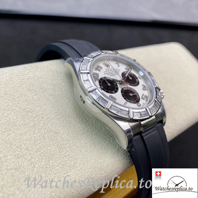 Swiss Rolex Daytona Replica Rubber strap 40MM White Dial Diamonds - WatchesReplica.is
