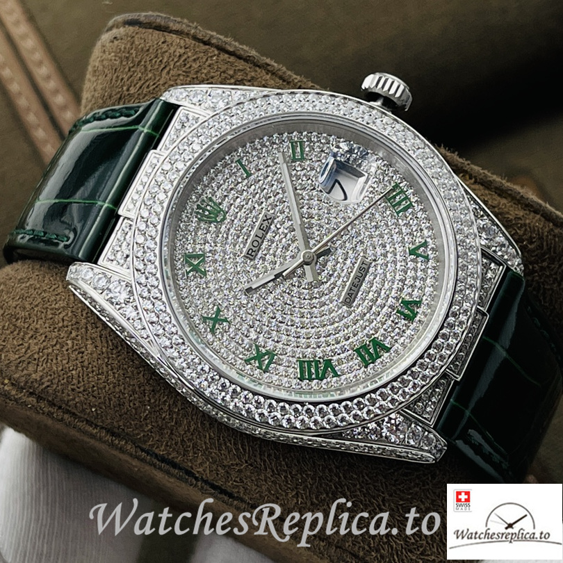 Swiss Rolex Datejust Replica Black Leather strap 40MM Diamonds Dial Green - WatchesReplica.is