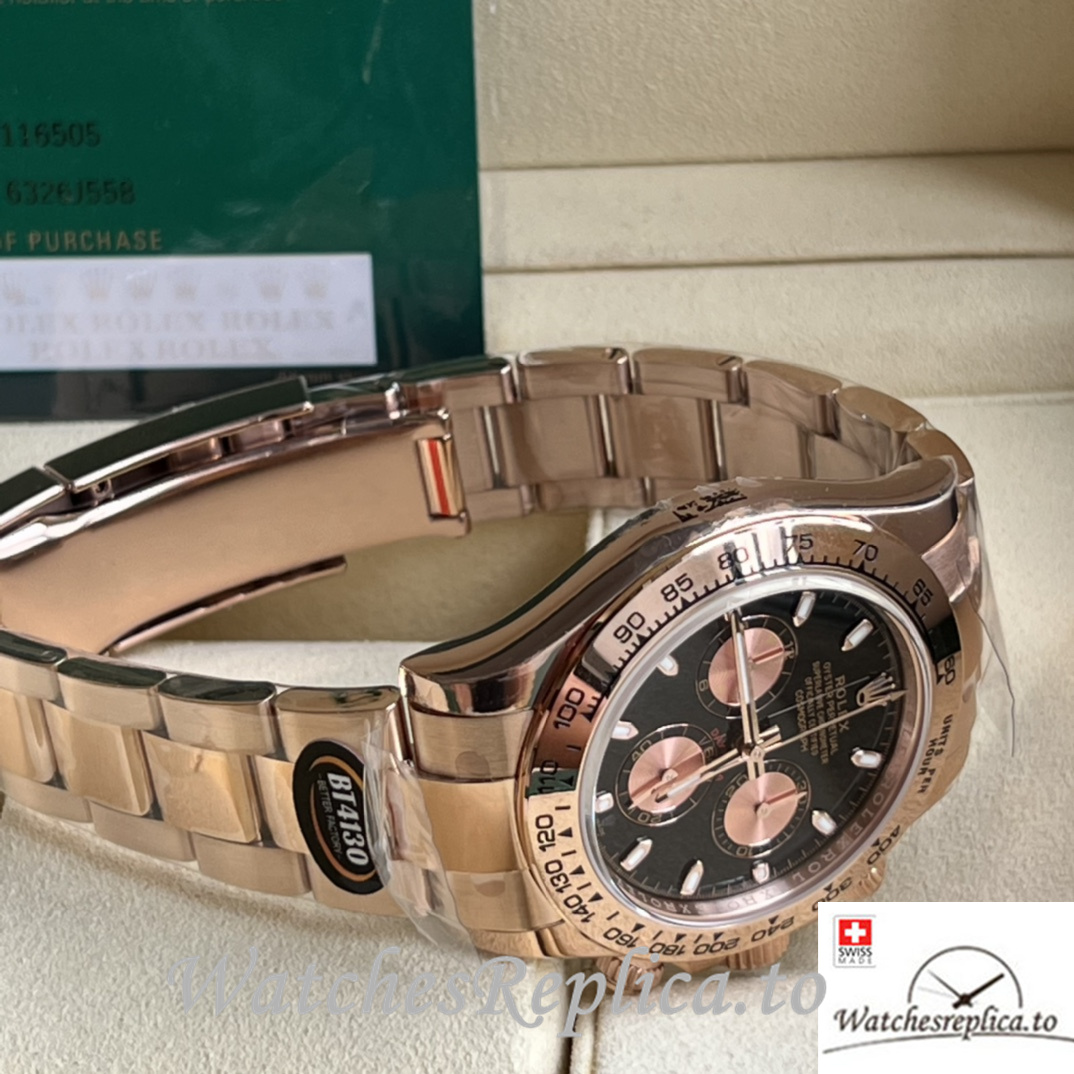 Swiss Rolex Daytona Replica Rose Gold strap 40MM Black Dial Sticks Marks - WatchesReplica.is