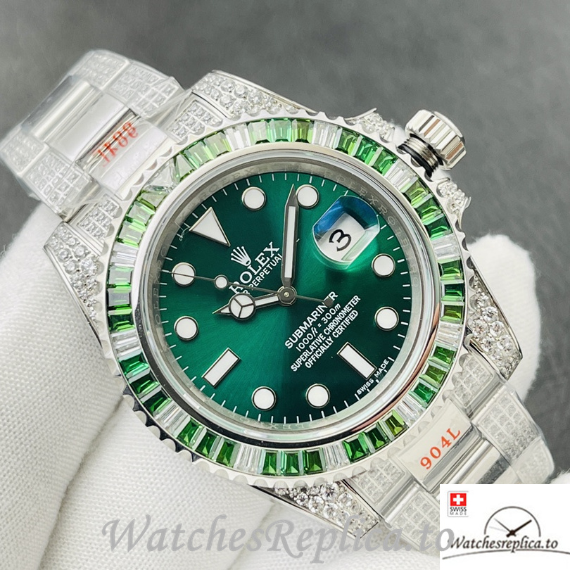 Swiss Rolex Submariner Replica Stainless steel strap 40MM Green Dial Diamonds - WatchesReplica.is