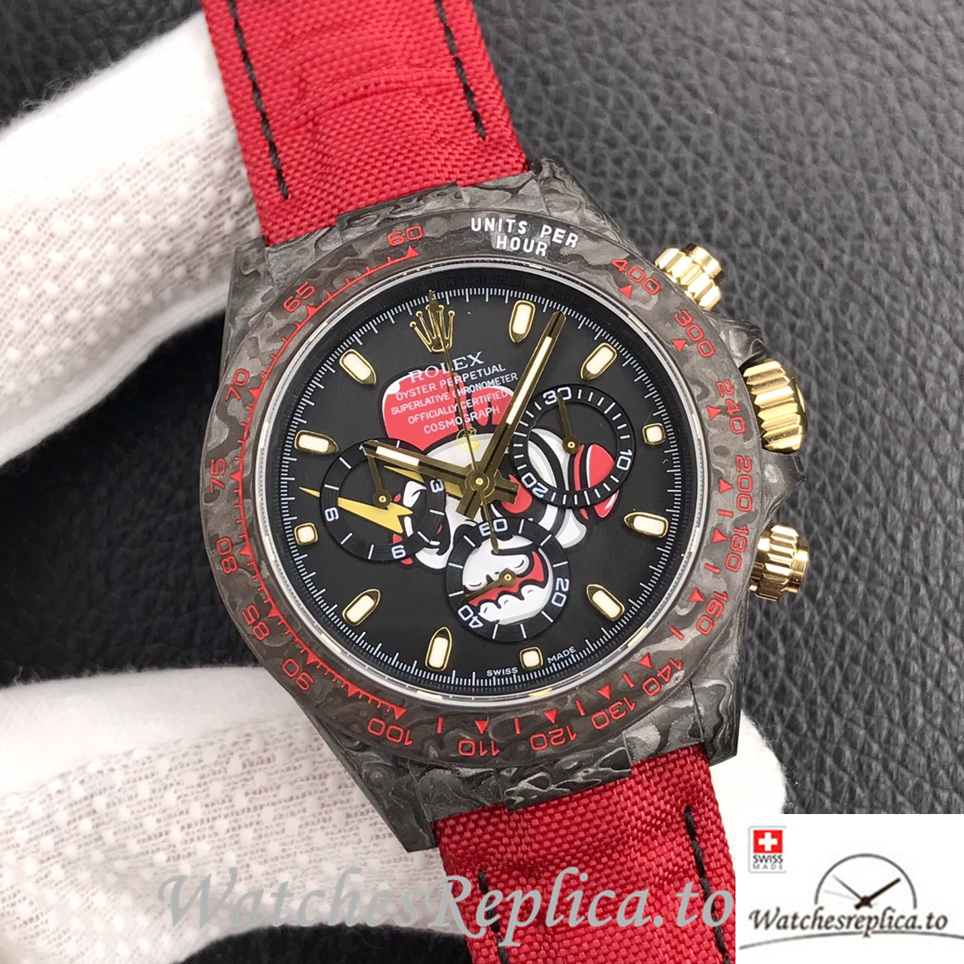 Swiss Rolex Daytona Replica Red Canvas strap 40MM Black Dial - WatchesReplica.is