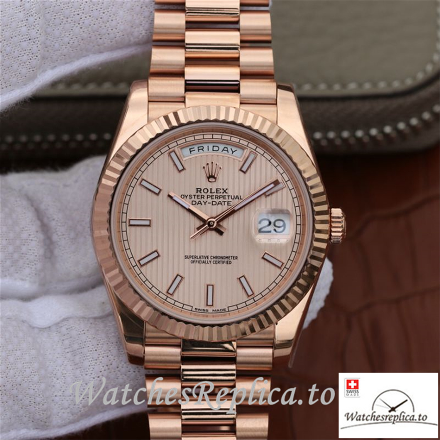 Swiss Rolex Day Date II Replica 228235 003 Rose Gold Strap 40MM - WatchesReplica.is