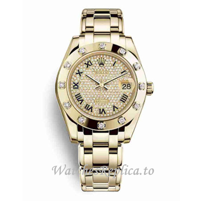 Replica Rolex Pearlmaster m81318-0044 34MM Yellow Gold strap Ladies Watch - WatchesReplica.is