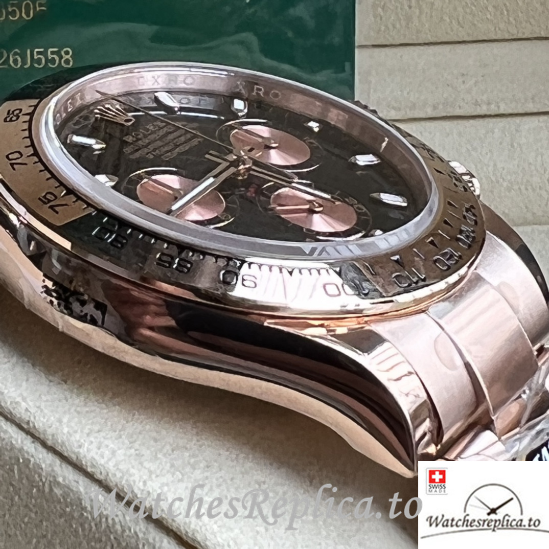 Swiss Rolex Daytona Replica Rose Gold strap 40MM Black Dial Sticks Marks - WatchesReplica.is