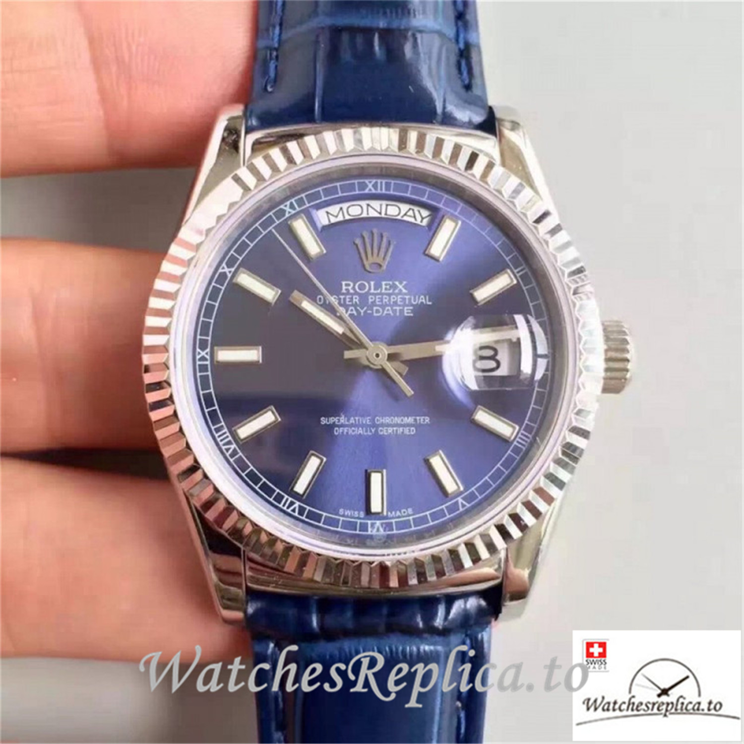 Swiss Rolex Day Date Replica 118139 Blue Strap 36MM - WatchesReplica.is