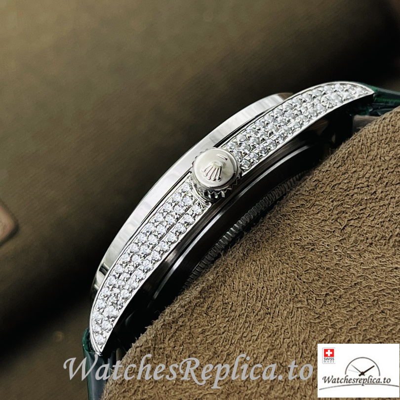 Swiss Rolex Datejust Replica Black Leather strap 40MM Diamonds Dial Green - WatchesReplica.is