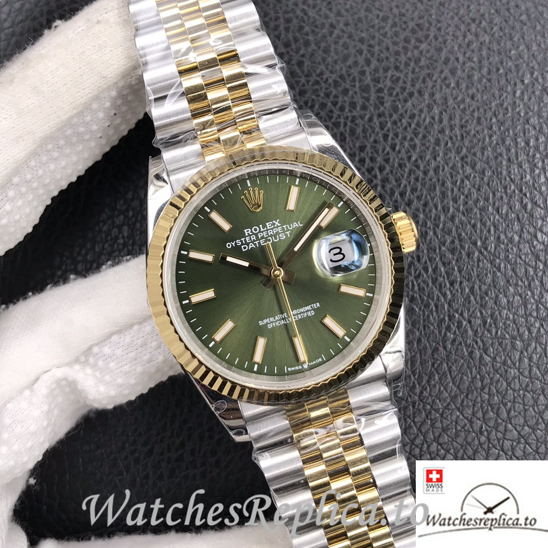 Swiss Rolex Datejust Replica Stainless steel strap 36MM Yellow Gold Green Dial - WatchesReplica.is