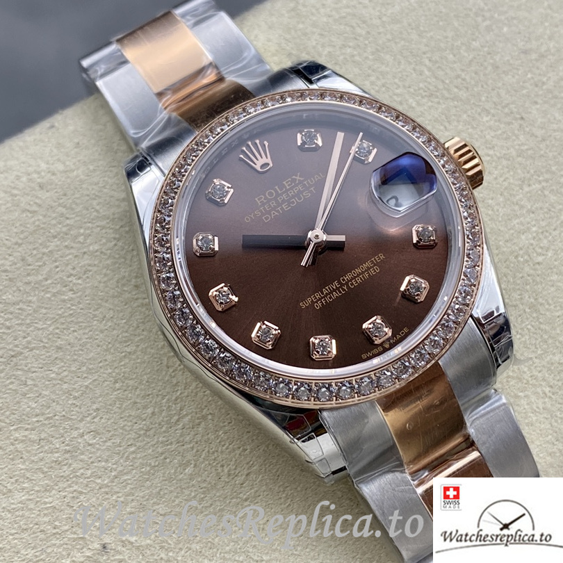 Swiss Rolex Datejust Replica Stainless steel strap 31MM Brown Dial Diamonds - WatchesReplica.is