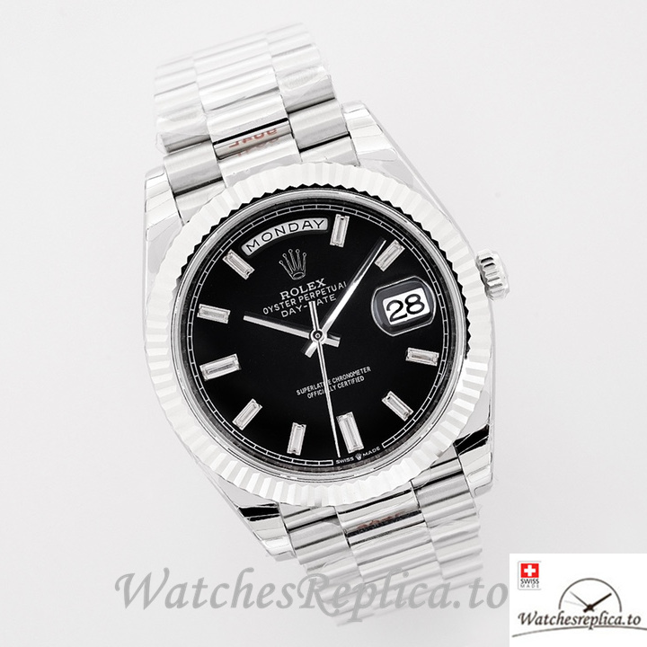 Swiss Rolex Day Date Replica Stainless steel strap 40MM Black Dial Diamonds Marks - WatchesReplica.is