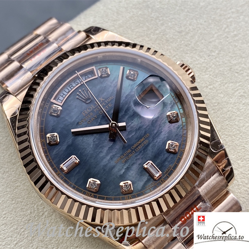 Swiss Rolex Day Date Replica Rose Gold strap 40MM Blue Dial - WatchesReplica.is