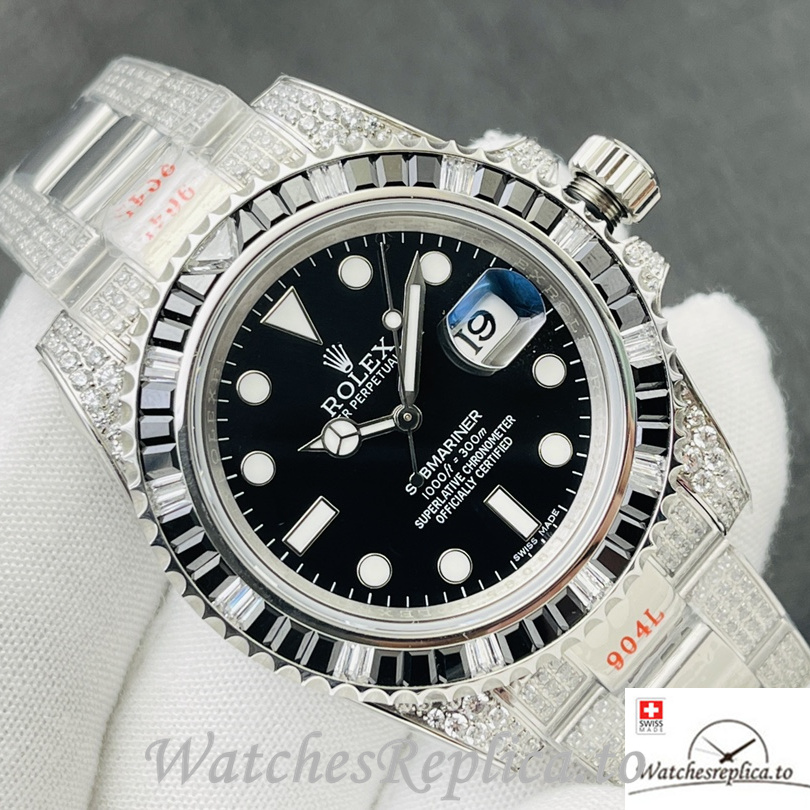 Swiss Rolex Submariner Replica Stainless steel strap 40MM Black Dial Diamonds - WatchesReplica.is