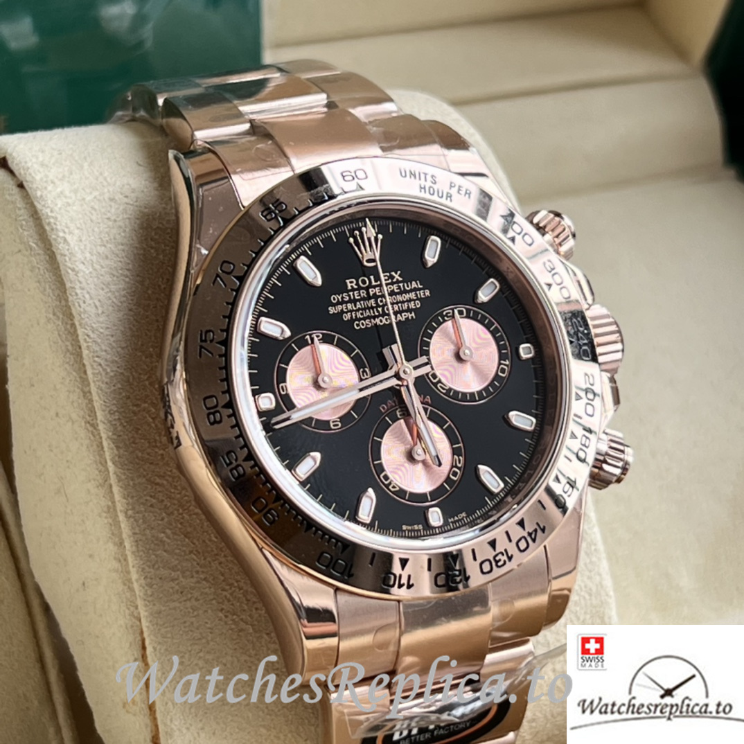 Swiss Rolex Daytona Replica Rose Gold strap 40MM Black Dial Sticks Marks - WatchesReplica.is