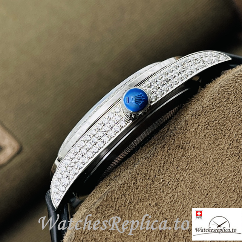 Swiss Rolex Datejust Replica Black Leather strap 40MM Diamonds Dial - WatchesReplica.is
