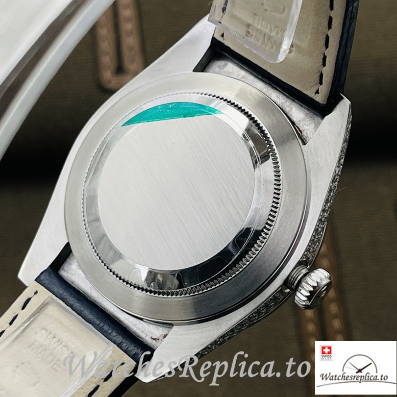 Swiss Rolex Datejust Replica Blue Leather strap 40MM Diamonds Dial - WatchesReplica.is