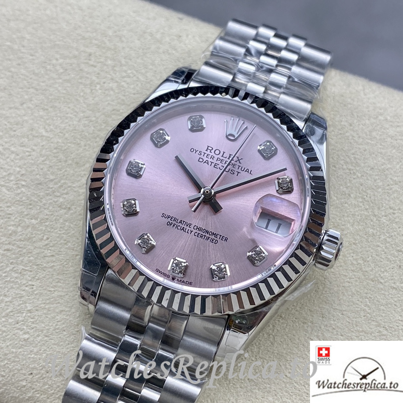 Swiss Rolex Datejust Replica Stainless steel strap 31MM Pink Dial Diamonds Marks - WatchesReplica.is