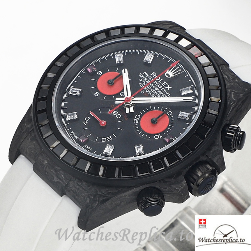 Swiss Rolex Daytona Replica White Rubber strap 40MM Black Dial - WatchesReplica.is