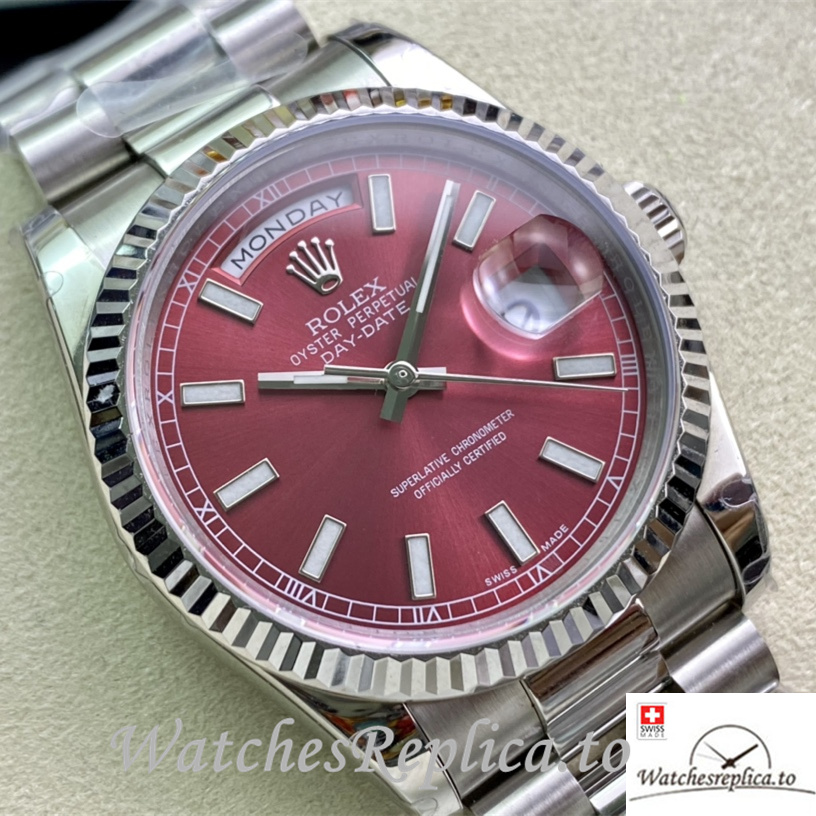 Swiss Rolex Day Date Replica Stainless steel strap 36MM Red Dial - WatchesReplica.is