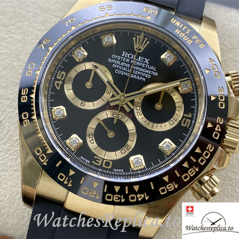 Swiss Rolex Daytona Replica Rubber strap 40MM Diamonds Mareks Yellow Gold Case - WatchesReplica.is