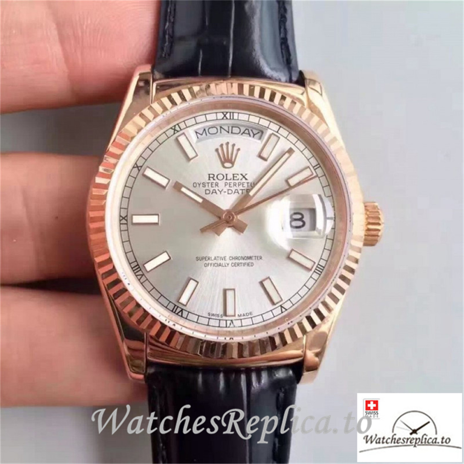 Swiss Rolex Day Date Replica 118138 001 Black Strap 36MM - WatchesReplica.is