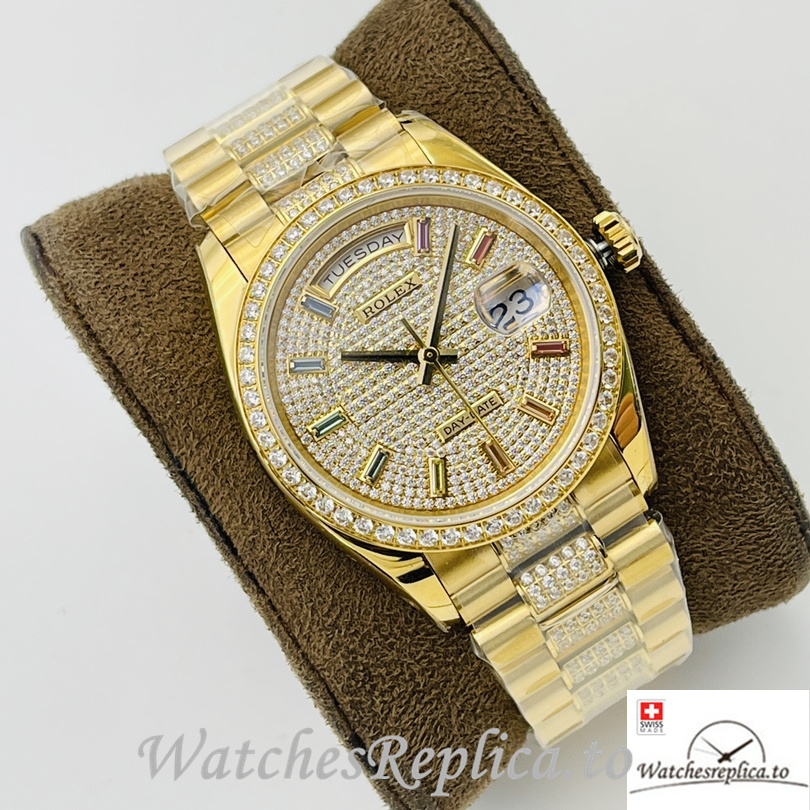 Swiss Rolex Day Date Replica Yellow Gold and Diamonds strap 36MM Diamonds Dial - WatchesReplica.is