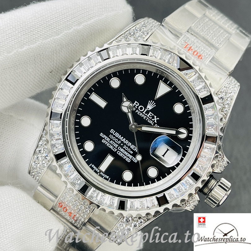 Swiss Rolex Submariner Replica Stainless steel strap 40MM Black Dial Diamonds Case - WatchesReplica.is
