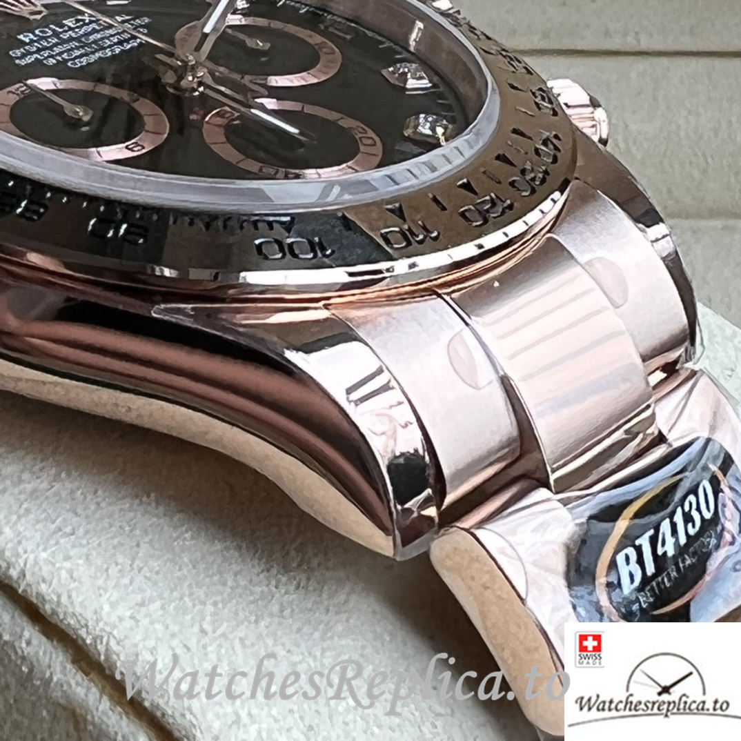 Swiss Rolex Daytona Replica Rose Gold strap 40MM Black Dial Diamonds Marks - WatchesReplica.is