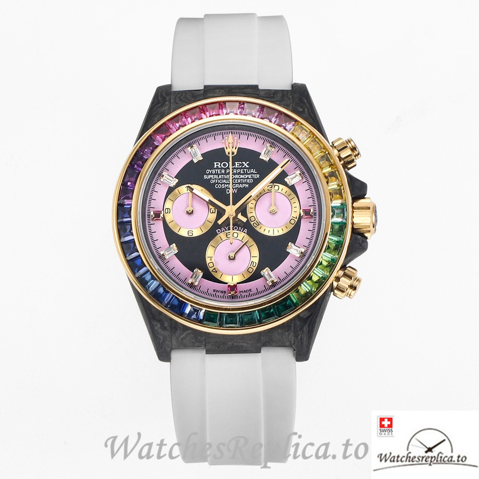 Swiss Rolex Daytona Replica White Rubber strap 40MM Pink Dial - WatchesReplica.is