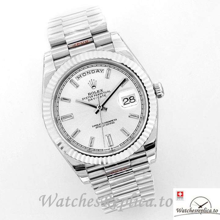 Swiss Rolex Day Date Replica Stainless steel strap 40MM White Dial Diamonds Marks - WatchesReplica.is