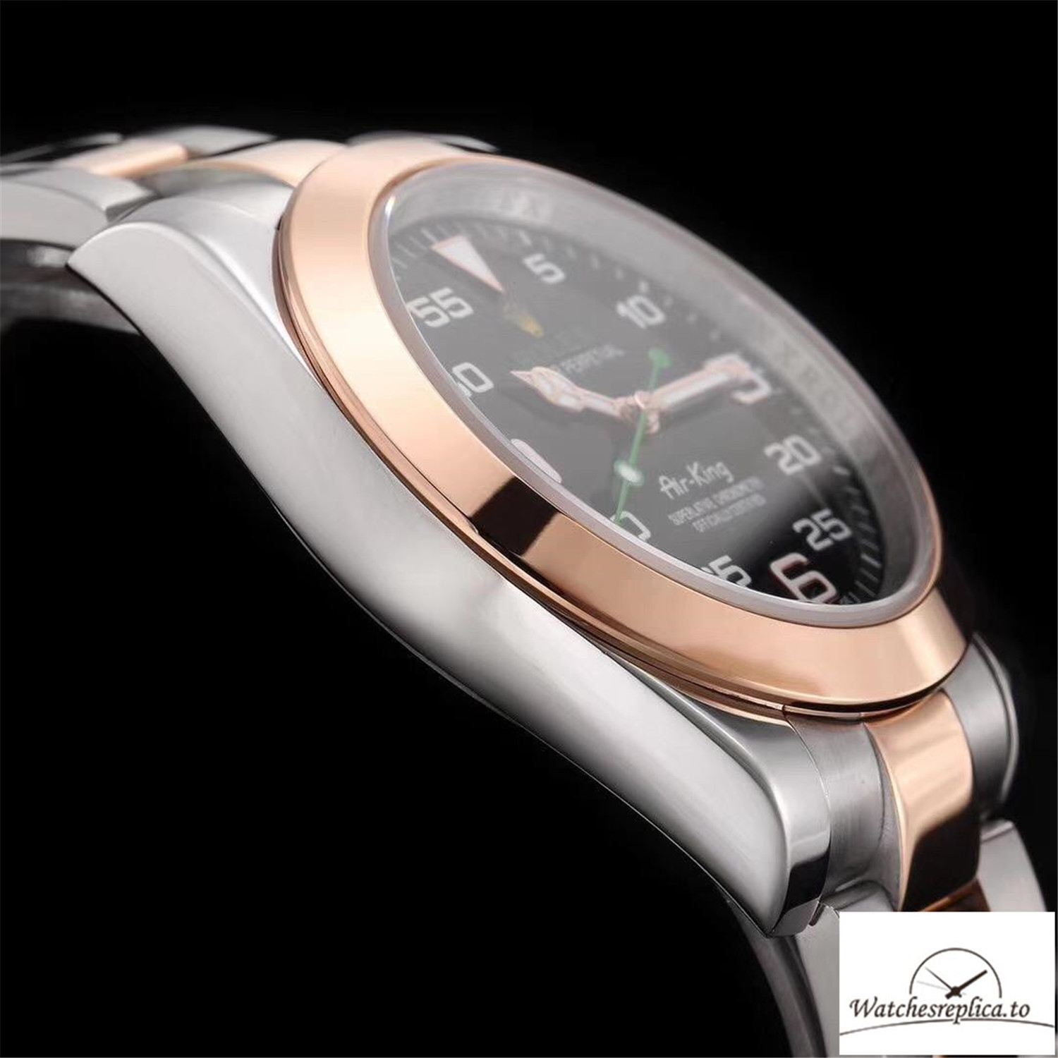 Swiss Rolex Air King Replica 116900 Rose Gold Bezel Black Dial 40MM - WatchesReplica.is