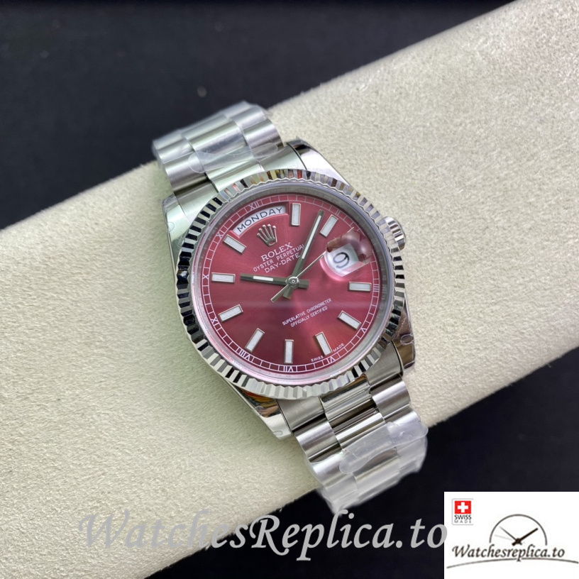 Swiss Rolex Day Date Replica Stainless steel strap 36MM Red Dial - WatchesReplica.is
