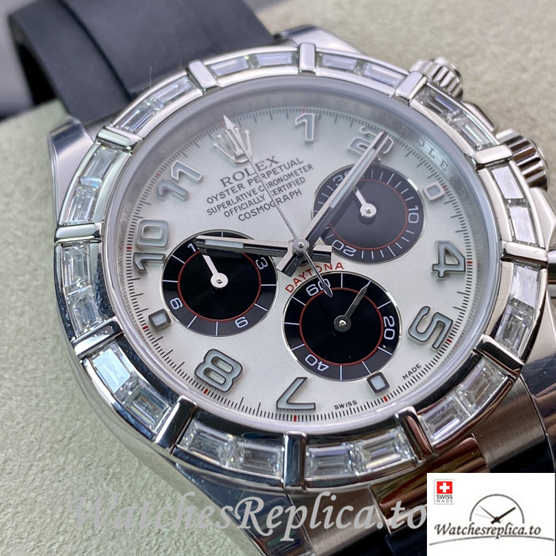 Swiss Rolex Daytona Replica Rubber strap 40MM White Dial Diamonds - WatchesReplica.is