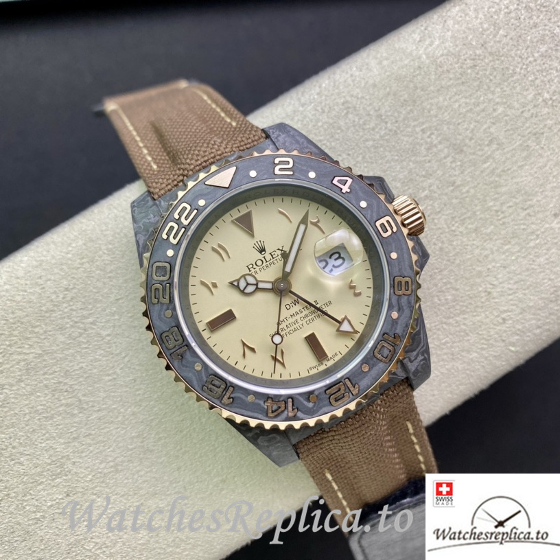 Swiss Rolex GMT Master Replica Brown Canvas strap 40MM Yellow Dial - WatchesReplica.is