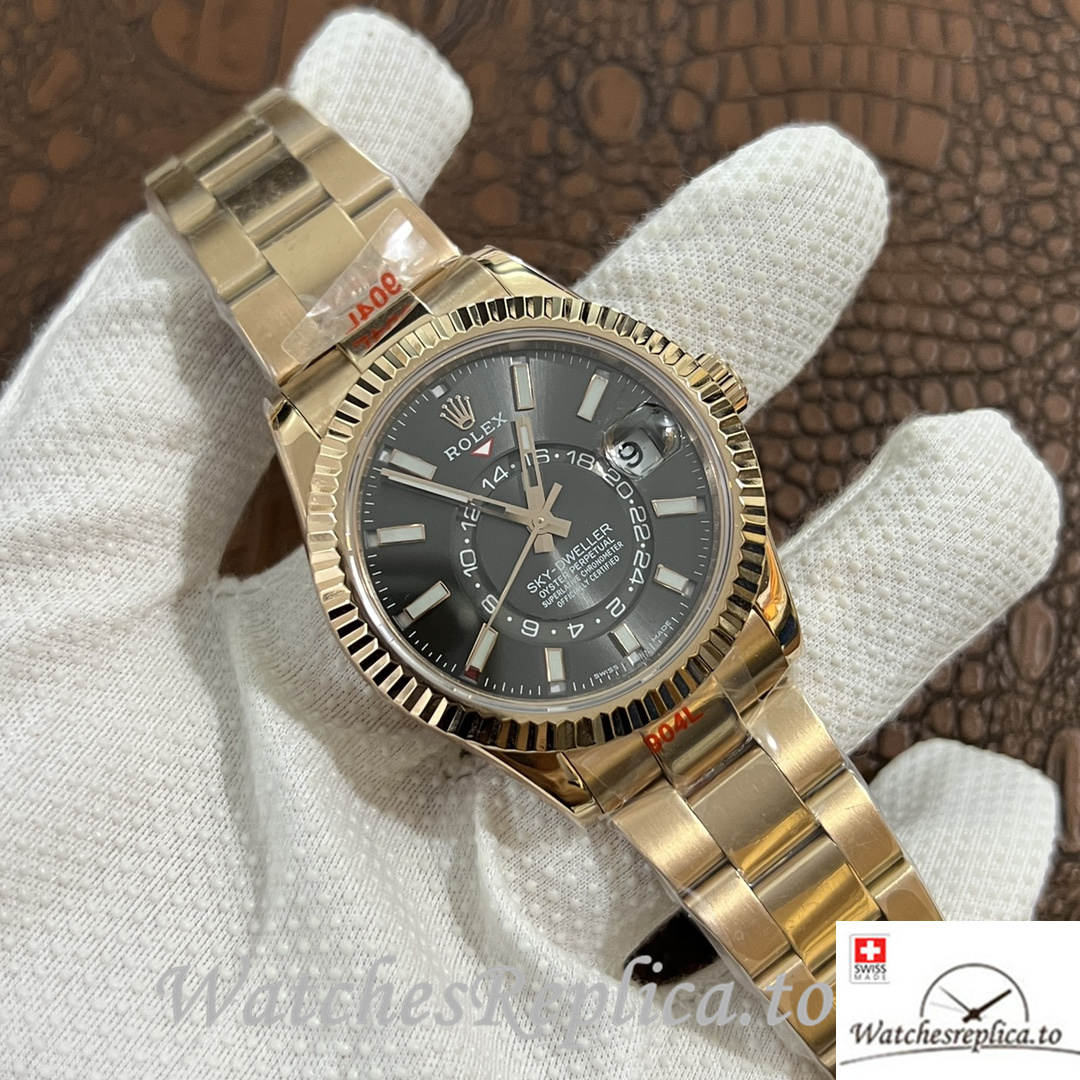 Swiss Rolex Sky Dweller Replica Yellow Gold strap 42MM Black Dial - WatchesReplica.is