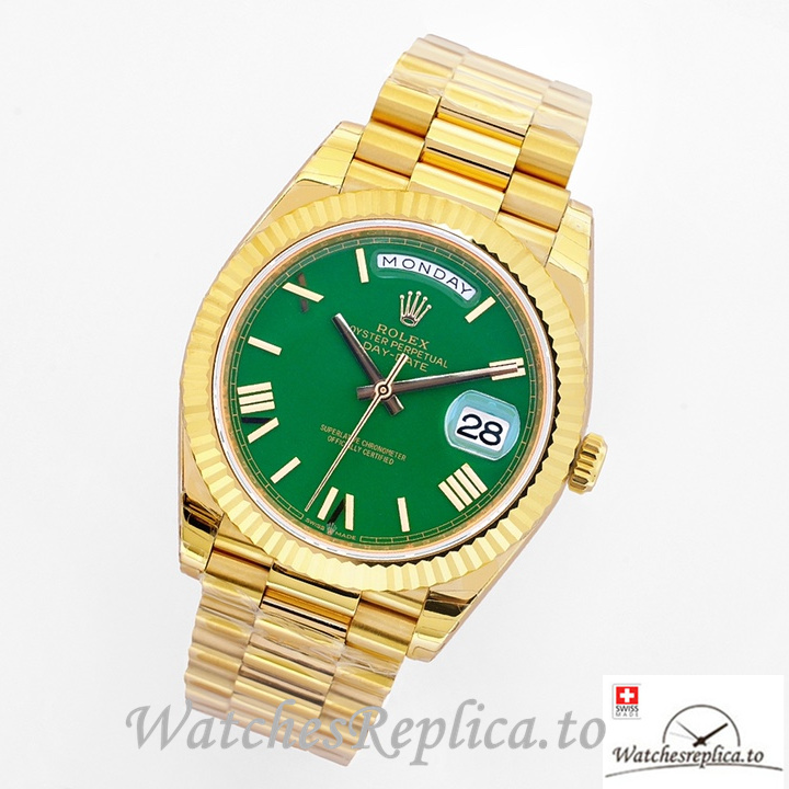 Swiss Rolex Day Date Replica Yellow Gold strap 40MM Green Dial - WatchesReplica.is