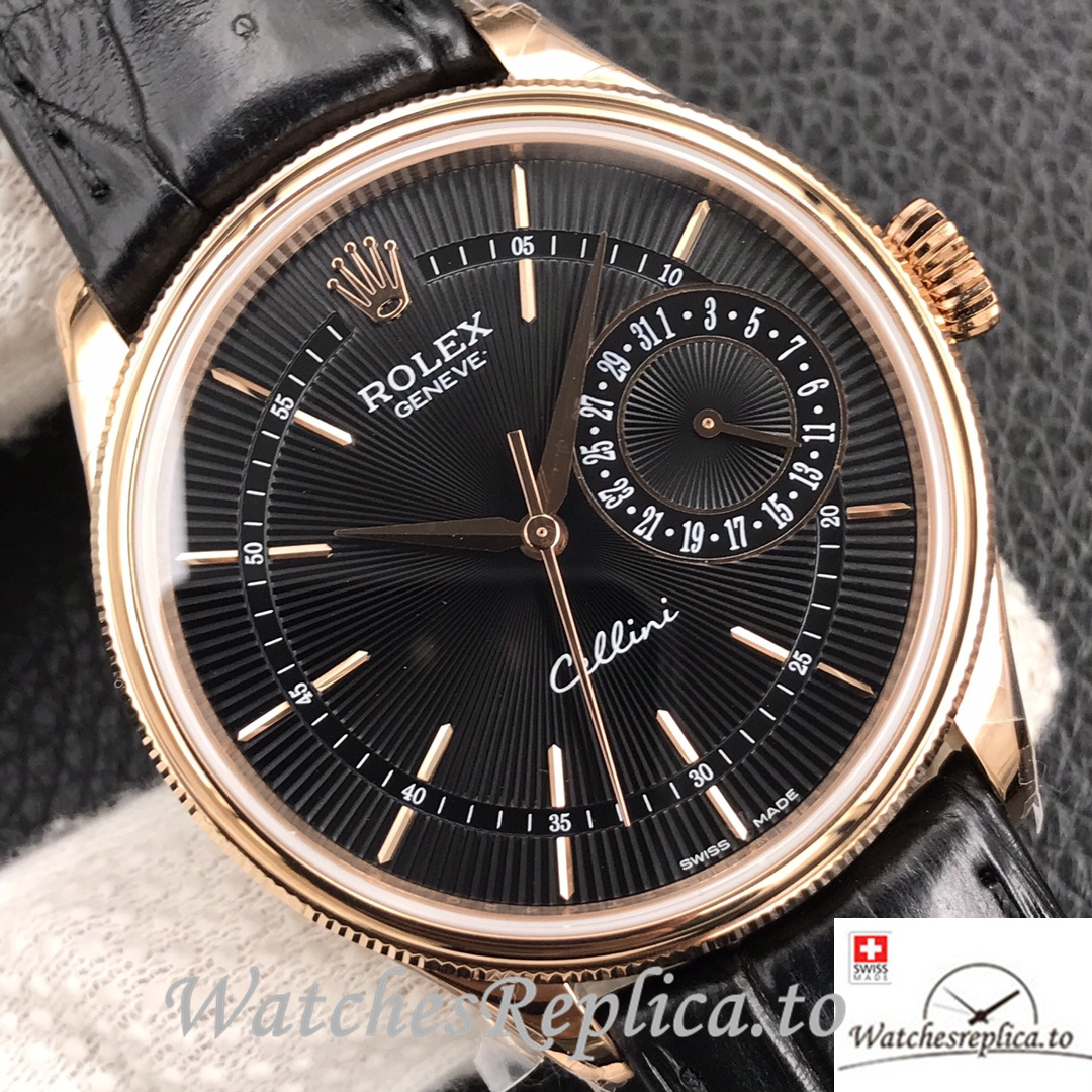 Swiss Rolex Cellini Replica Leather strap 39MM Black Dial Rose Gold - WatchesReplica.is