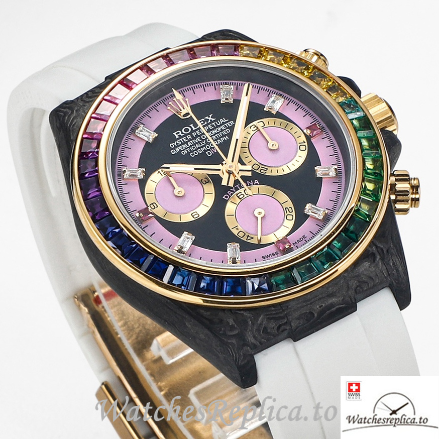 Swiss Rolex Daytona Replica White Rubber strap 40MM Pink Dial - WatchesReplica.is