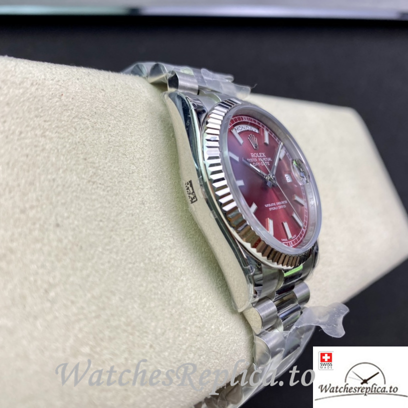 Swiss Rolex Day Date Replica Stainless steel strap 36MM Red Dial - WatchesReplica.is