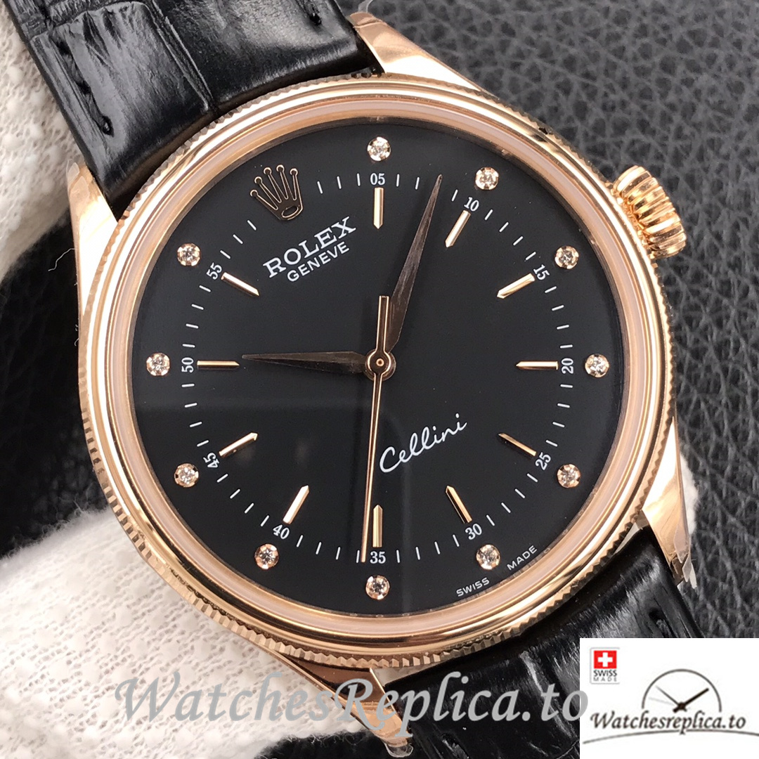 Swiss Rolex Cellini Replica Black Leather strap 39MM Black Dial Rose Gold - WatchesReplica.is