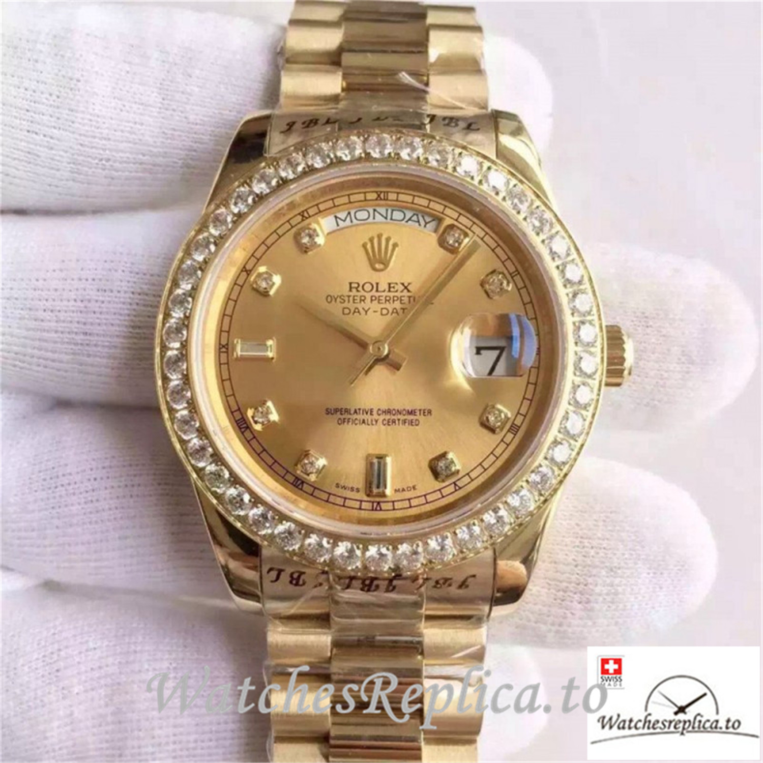Swiss Rolex Day Date Replica 218348 Diamonds Bezel 41MM - WatchesReplica.is