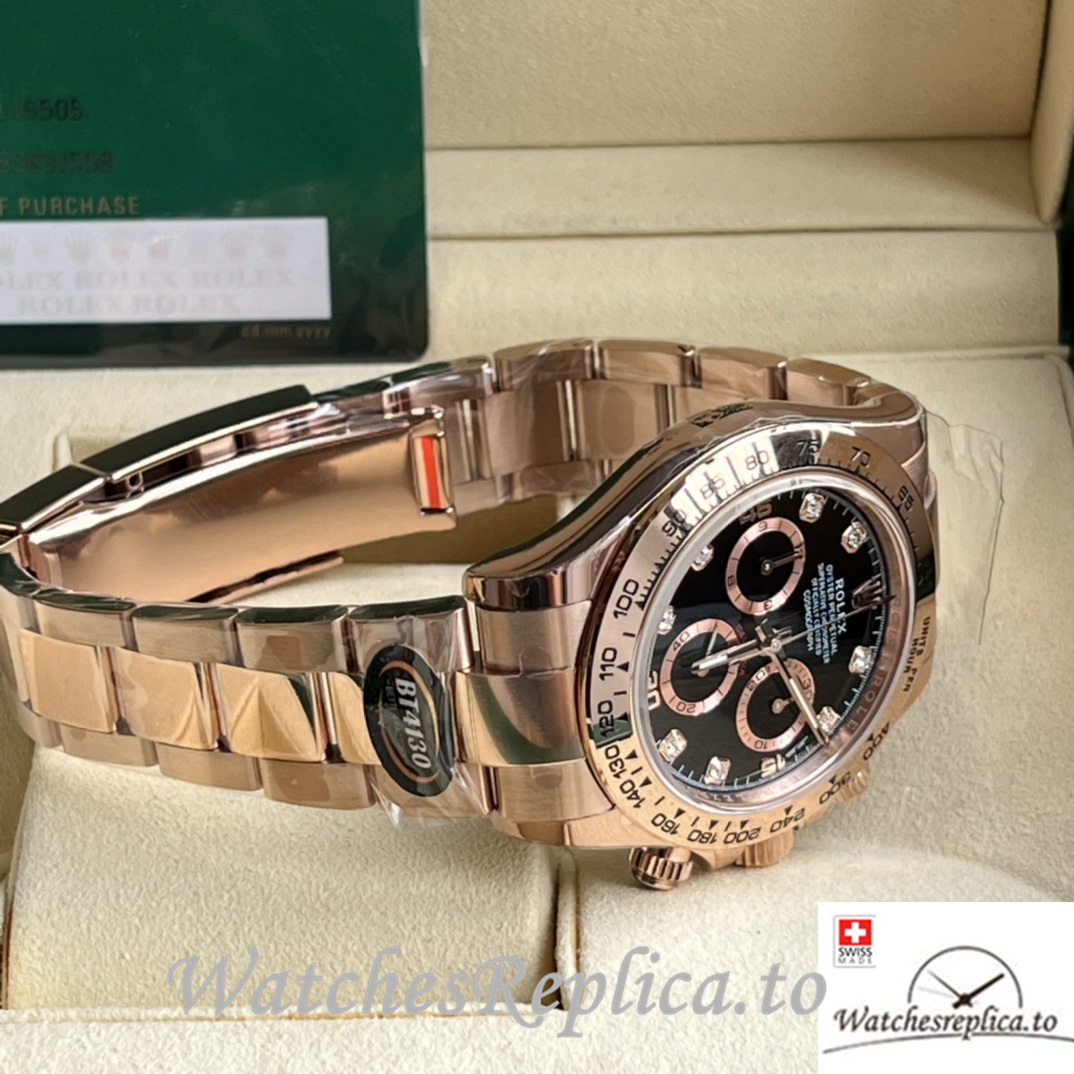 Swiss Rolex Daytona Replica Rose Gold strap 40MM Black Dial Diamonds Marks - WatchesReplica.is