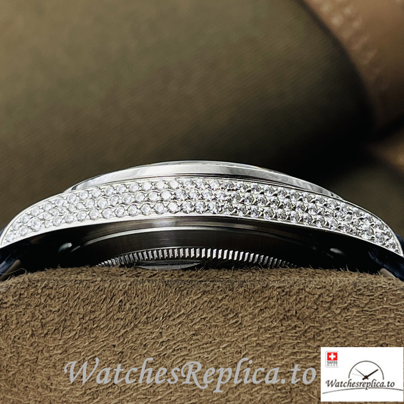 Swiss Rolex Datejust Replica Blue Leather strap 40MM Diamonds Dial - WatchesReplica.is