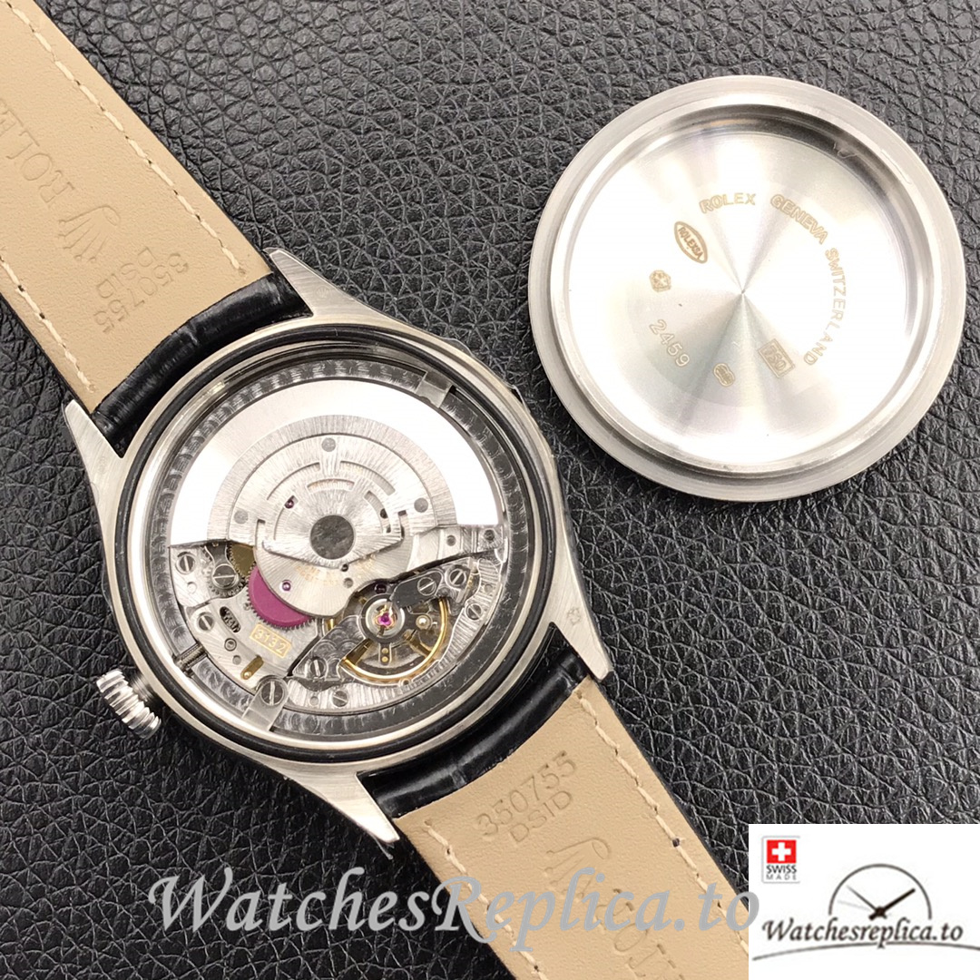 Swiss Rolex Cellini Replica Black Leather strap 39MM Black Dial - WatchesReplica.is