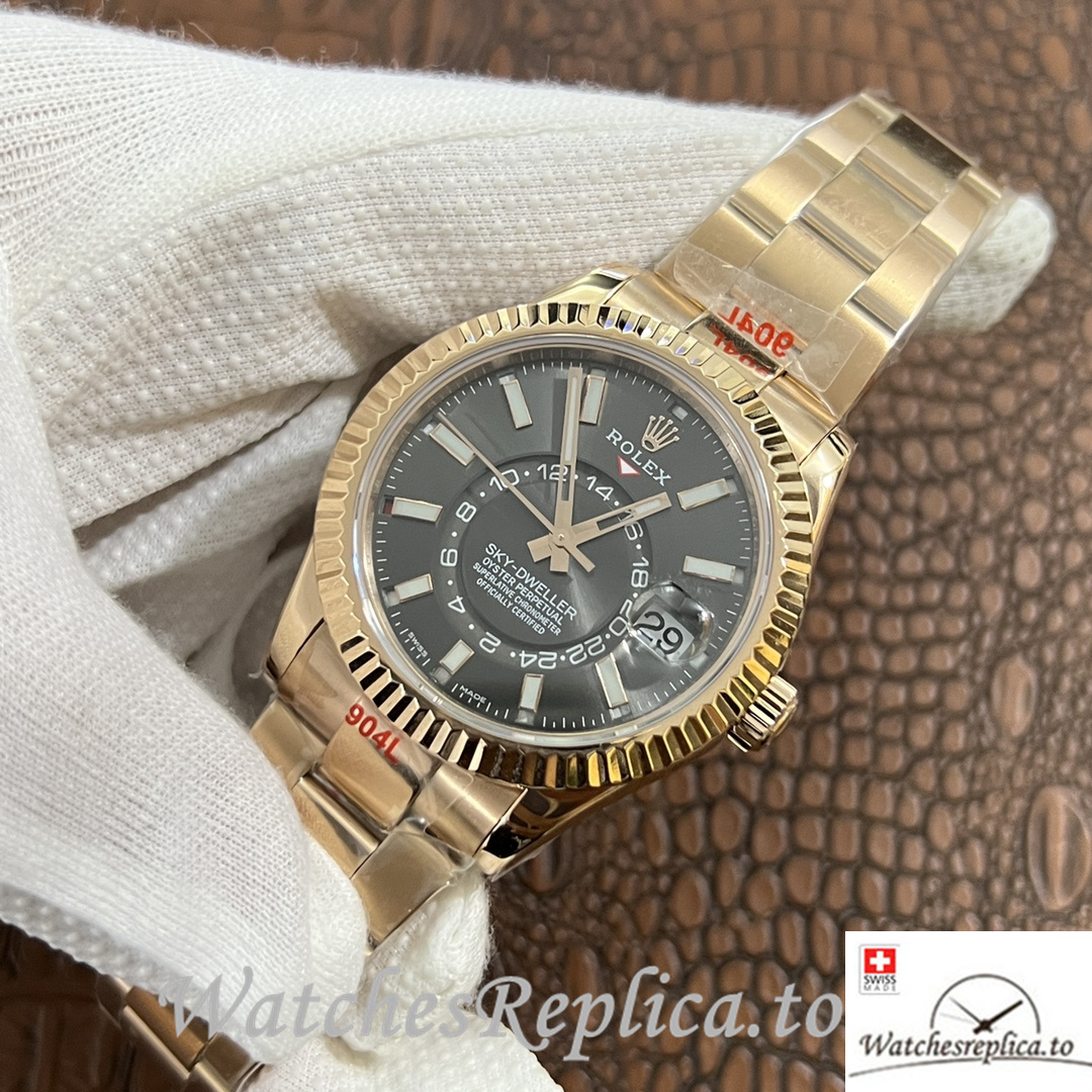 Swiss Rolex Sky Dweller Replica Yellow Gold strap 42MM Black Dial - WatchesReplica.is