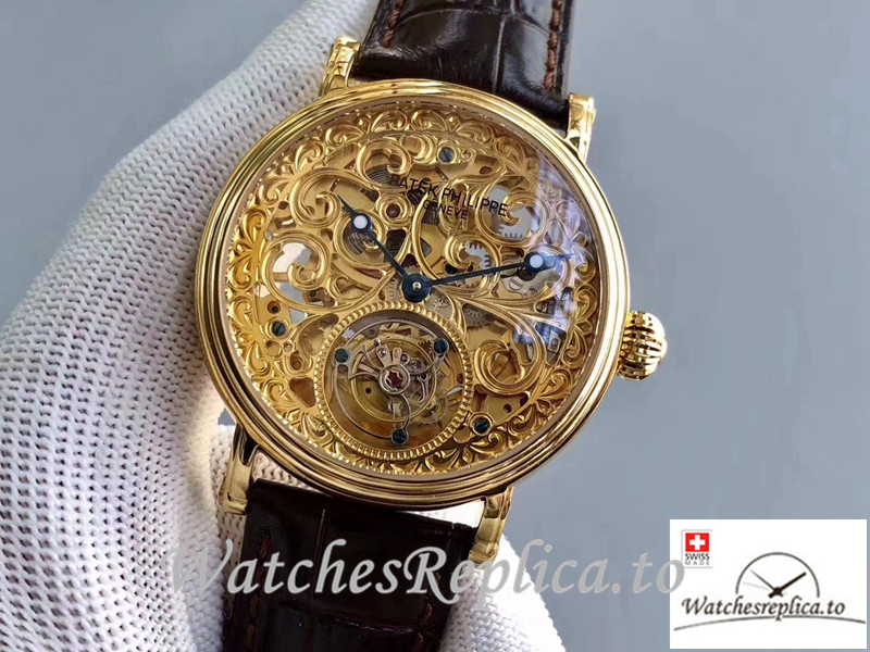 Swiss Patek Philippe Tourbillon Replica Yellow Gold Bezel 42MM - WatchesReplica.is