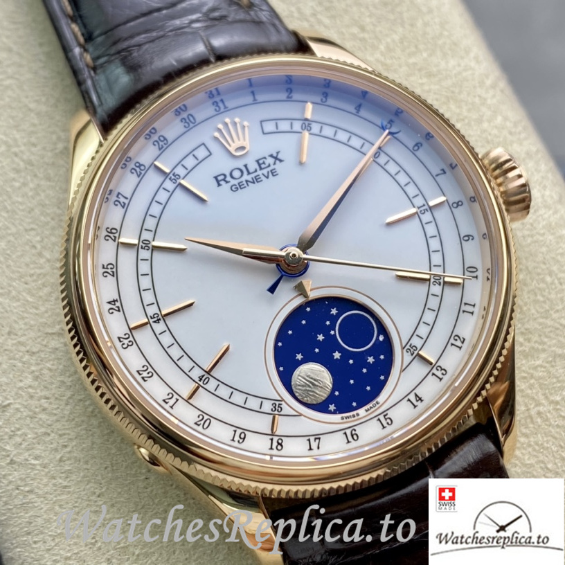 Swiss Rolex Cellini Replica Brown Leather strap 39MM Black Dial Yellow Gold Case - WatchesReplica.is