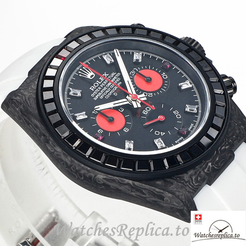 Swiss Rolex Daytona Replica White Rubber strap 40MM Black Dial - WatchesReplica.is
