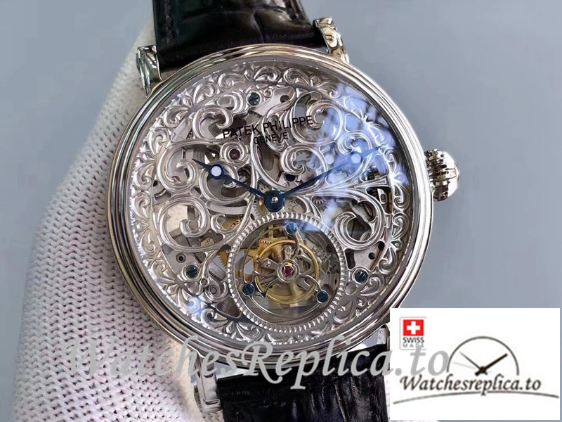 Swiss Patek Philippe Tourbillon Replica Black Strap 42MM - WatchesReplica.is