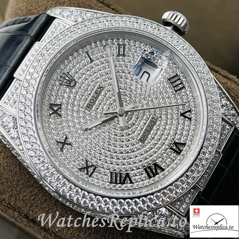 Swiss Rolex Datejust Replica Black Leather strap 40MM Diamonds Dial - WatchesReplica.is