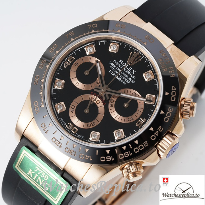 Swiss Rolex Daytona Replica Rubber strap 40MM Black Dial Diamonds Marks - WatchesReplica.is